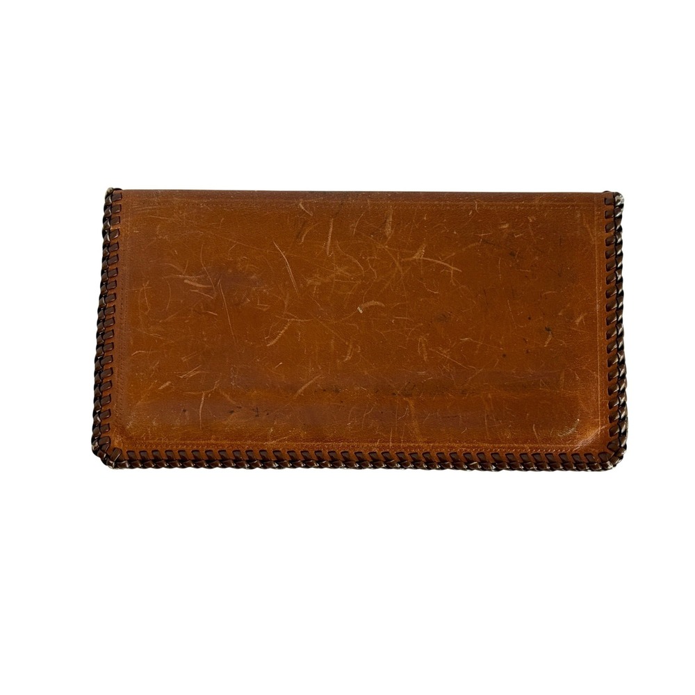 Vintage Tooled Leather Checkbook Wallet Brown Floral Design Hand Stitched - Picture 4 of 12